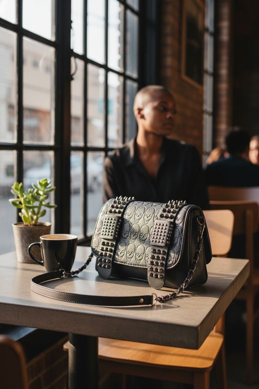 BelonYou goth leather skull purse elegantly displayed in a cozy coffeehouse setting
