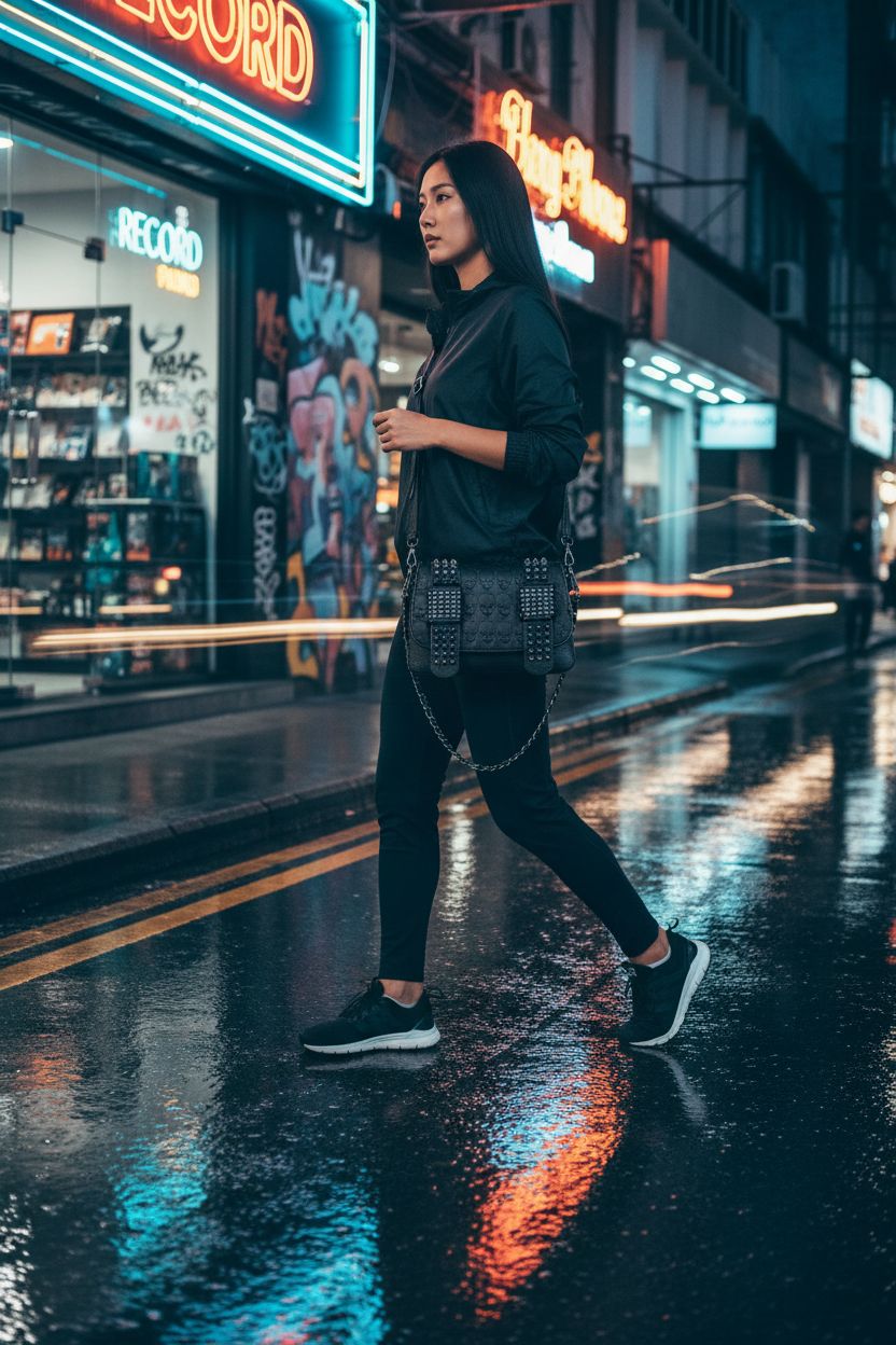 BelonYou leather skull purse with chain detail, styled in a vibrant urban setting