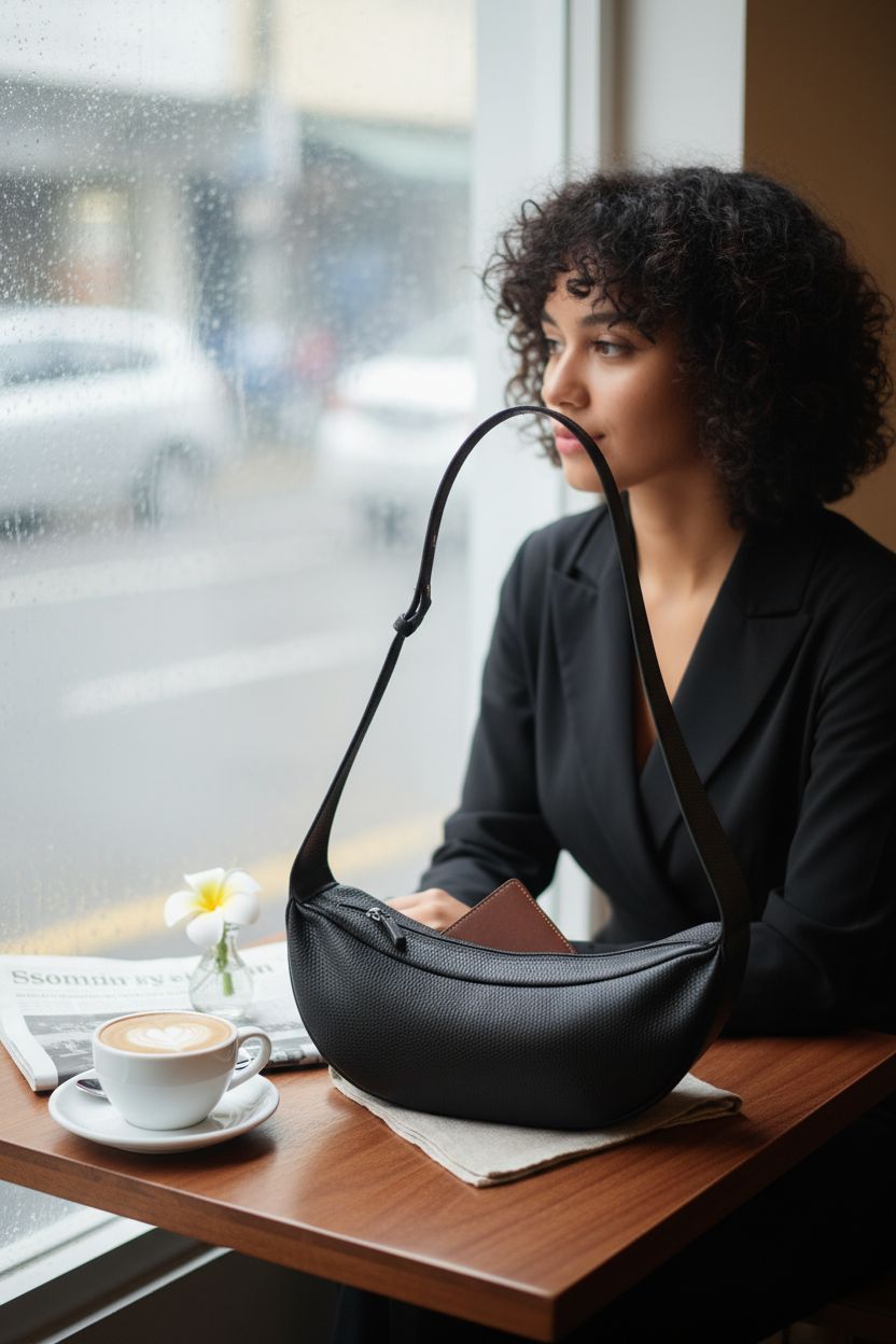 DONNAIN leather sling bag resting on a table with coffee in a cozy café.