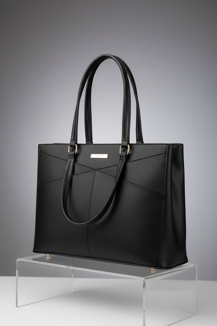 LOVEVOOK black leather tote bag displayed elegantly on a minimalistic studio set.