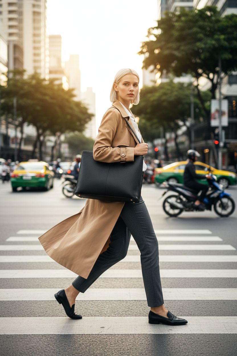 LOVEVOOK black leather tote bag showcased on a stylish crosswalk, perfect for professionals.