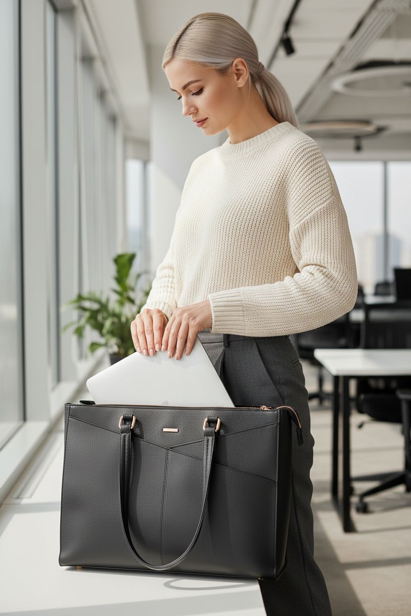 LOVEVOOK laptop tote bag with padded sleeve, ideal for work in a modern co-working space.