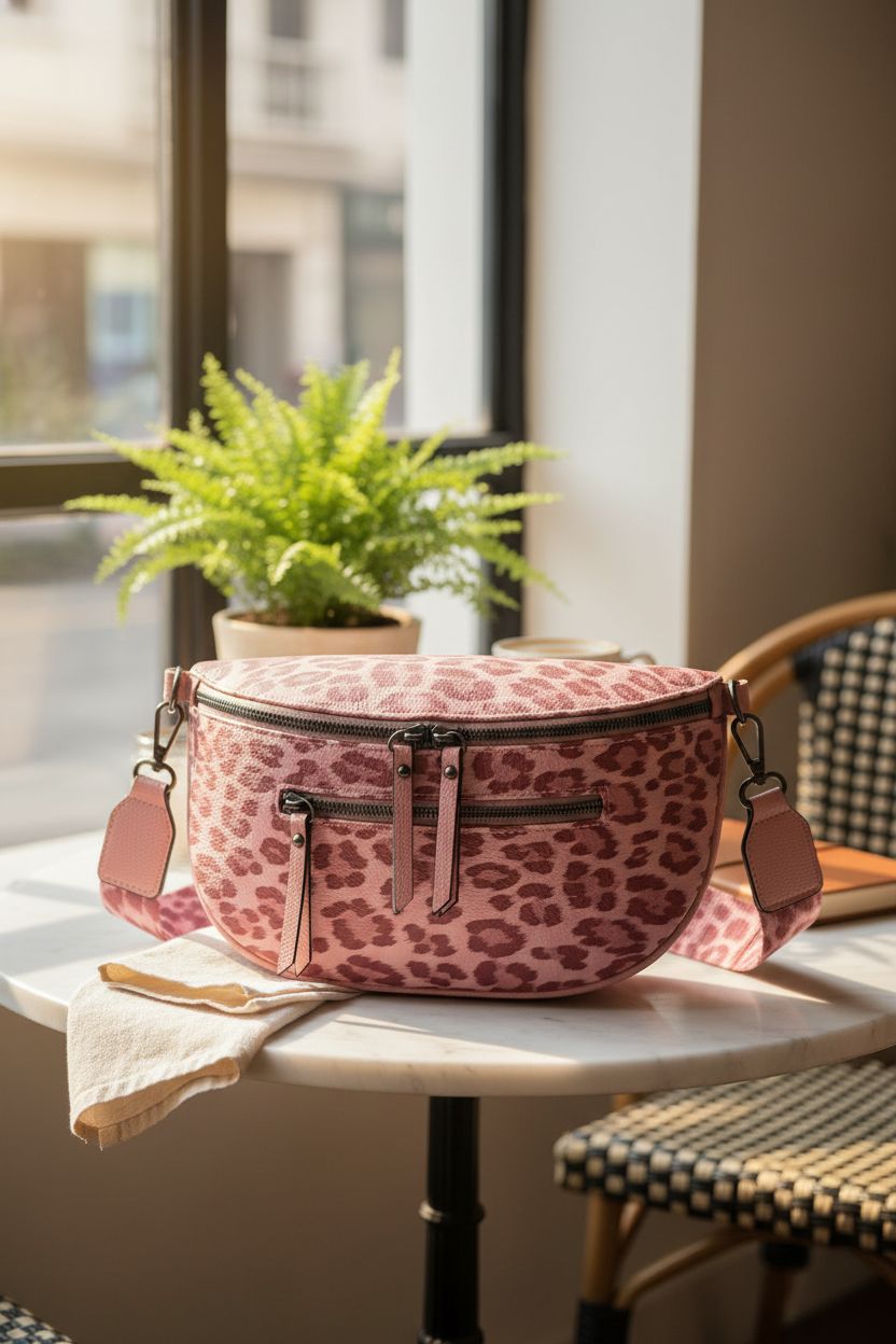 Montana West leopard crossbody bag resting on a cafe table, displaying its chic design.