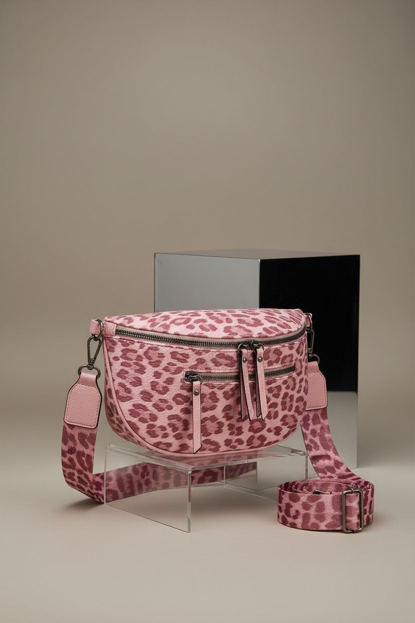 Montana West leopard crossbody bag showcased on a studio backdrop, emphasizing its quality.