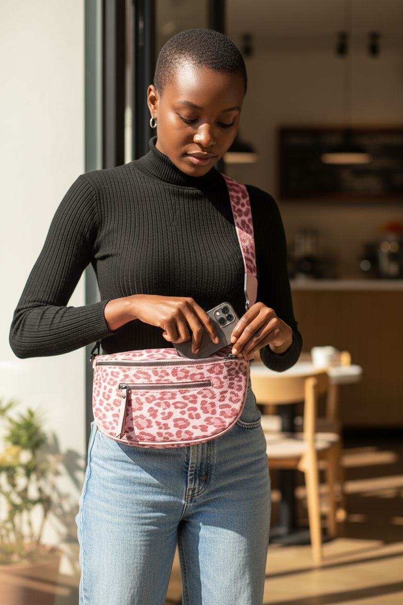 Montana West leopard crossbody bag in use, showcasing stylish design and adjustable strap.
