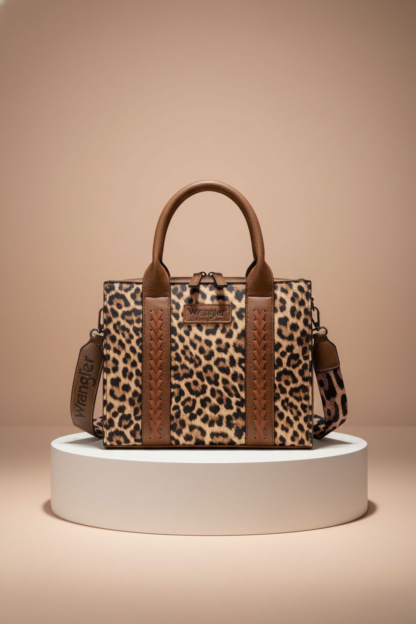 Product shot of Wrangler leopard print purse on pedestal, emphasizing style and quality.