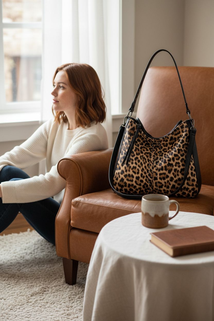 Cozy setting featuring Montana West leopard hobo bag resting beside a chair, emphasizing its relaxed charm.