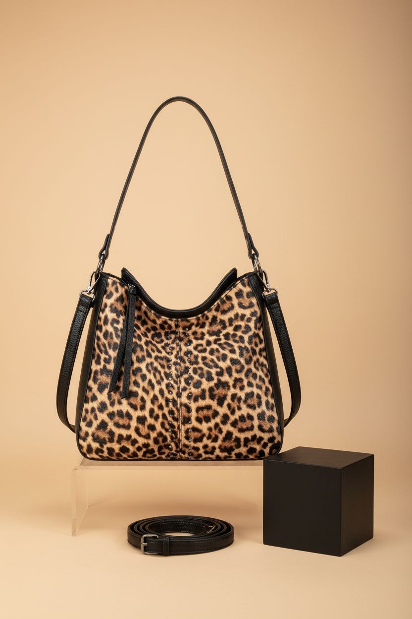 Montana West leopard hobo bag displayed on a studio set, highlighting its elegant stitching and convertible strap.