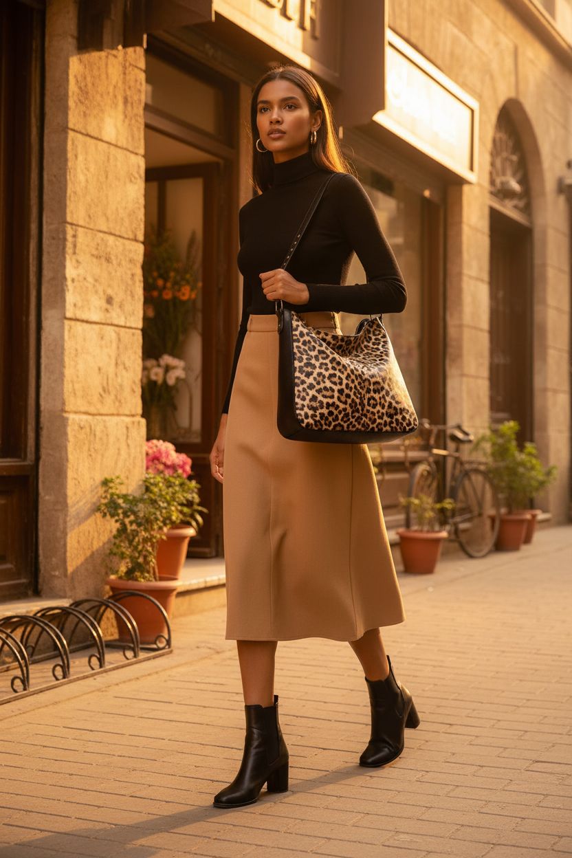 Montana West leopard hobo bag worn elegantly while walking past shops, highlighting its trendy style.