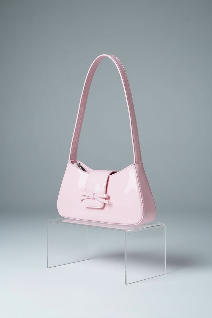 KAMEILONG light pink patent bow purse displayed elegantly on a gray backdrop, highlighting its craftsmanship.