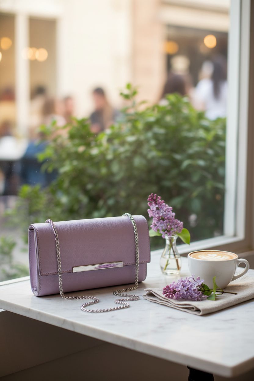AFKOMST light purple purse elegantly displayed in a cozy café setting, highlighting its chic design