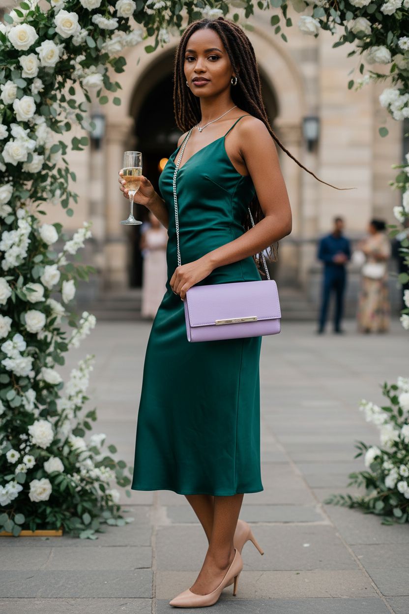 AFKOMST light purple purse styled as a clutch near a floral wedding arch, perfect for formal events