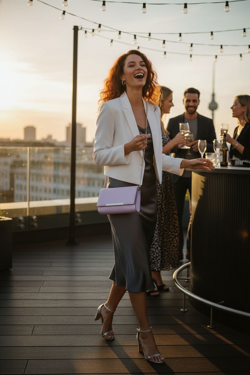 AFKOMST light purple purse worn crossbody at a rooftop gathering, catching the sun's glow