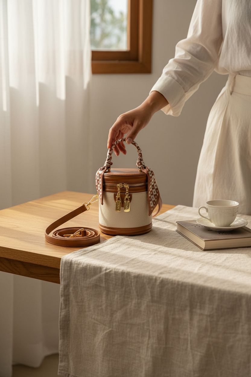 BEUHITO Bucket Bag alongside a teacup on a warm table, a cozy setting for seniors.