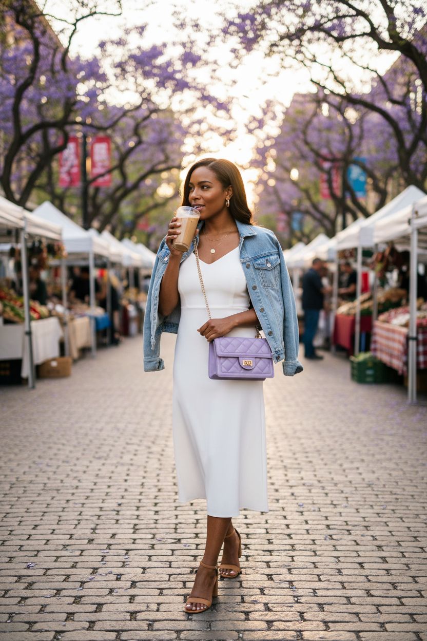 Lavender quilted crossbody bag from SG SUGU, styled against a spring market backdrop.