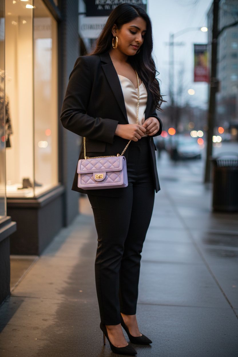 SG SUGU lilac purse showcased on a boutique street, perfect for evening wear.