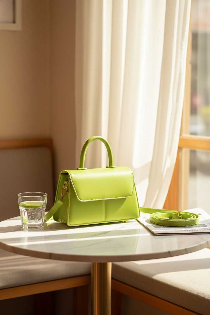 Lime green Tyhtljch purse elegantly displayed in a sunny café setting