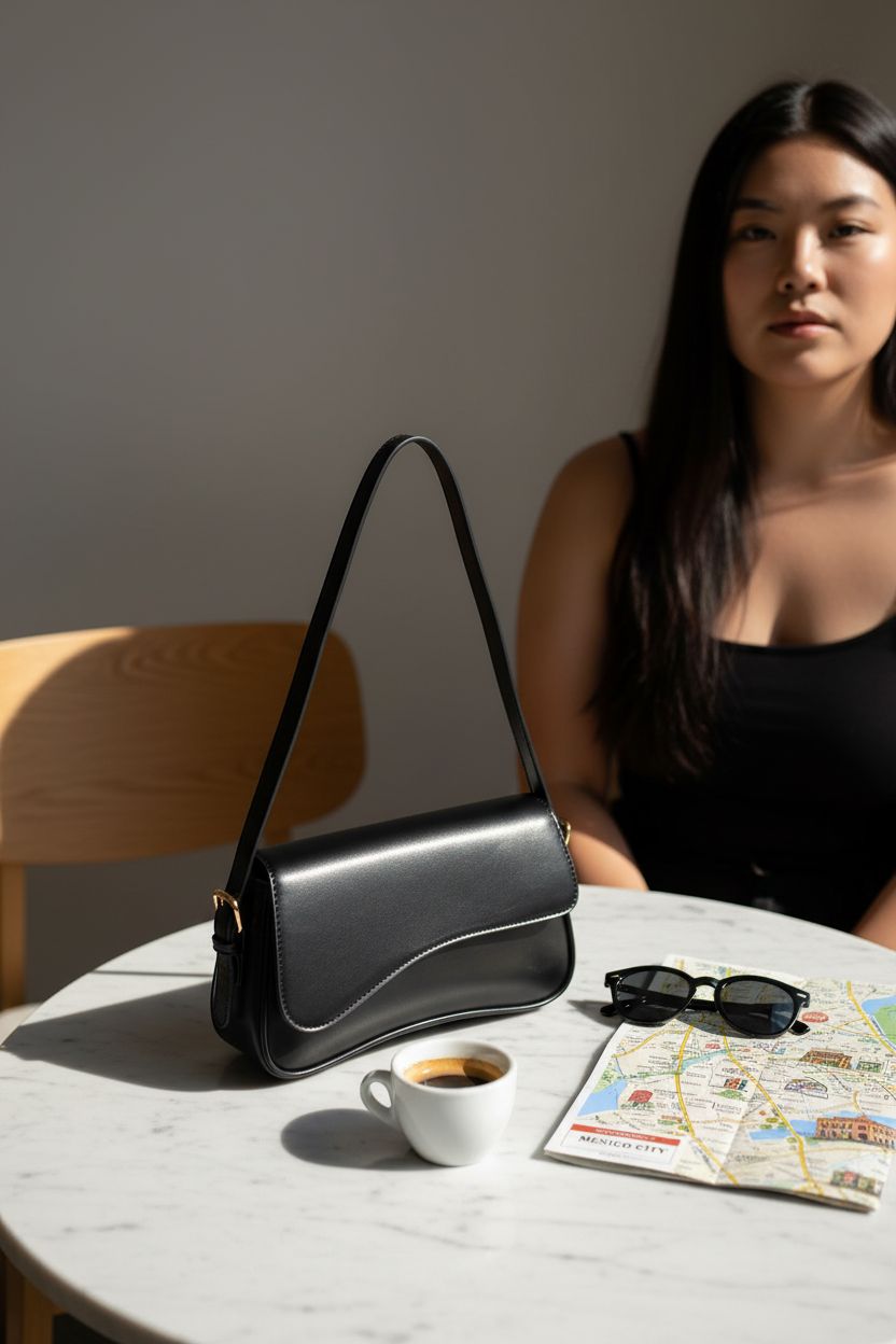 Amszke little black bag styled with coffee and sunglasses on a marble table.