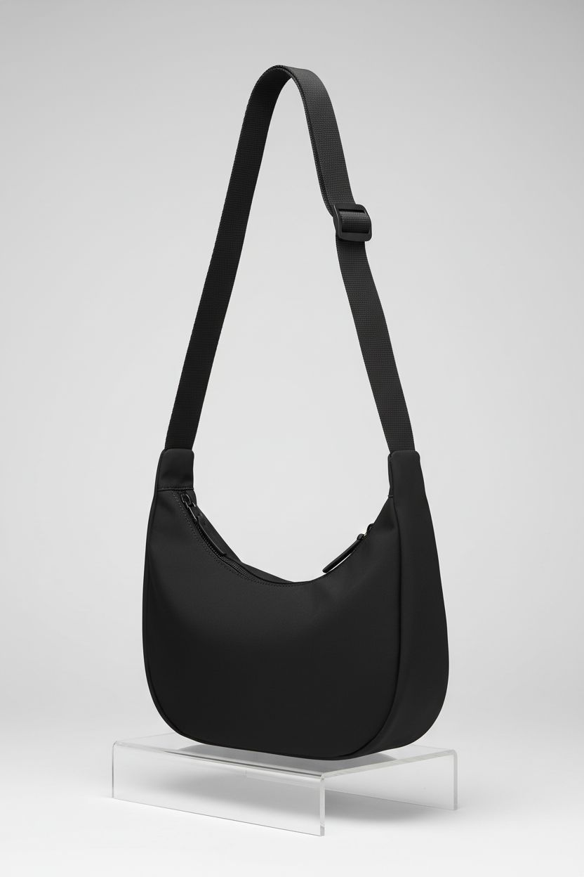 Iioscre black crescent crossbody bag highlighting adjustable strap and dual zippers