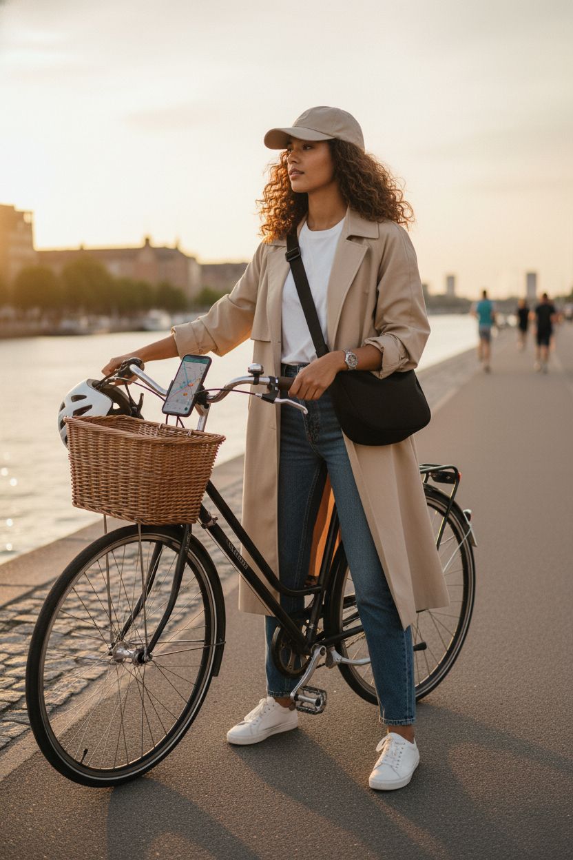 Black crescent crossbody bag by Iioscre rests at hip on urban riverside during golden hour