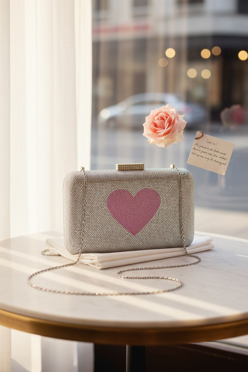 Boutique De FGG Mini Love Rhinestone Clutch on a marble table in a cozy café setting