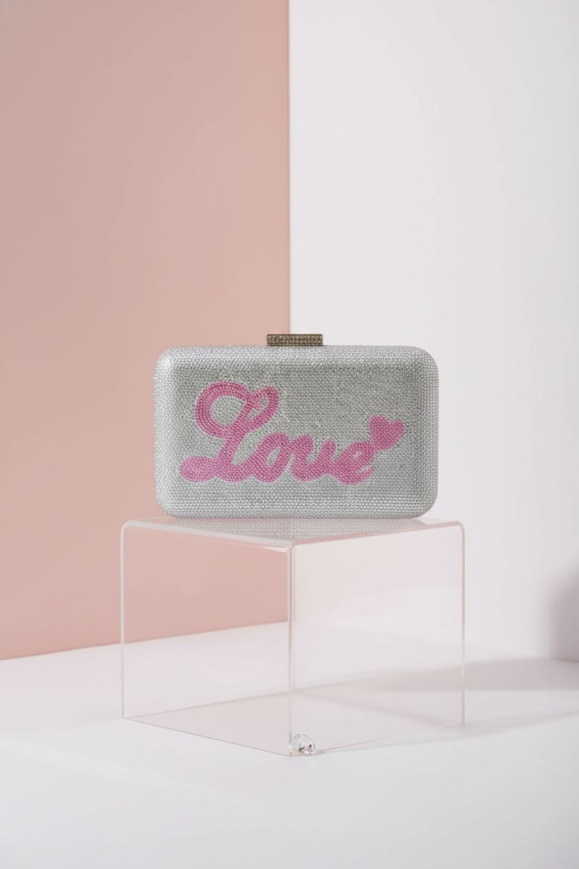 Boutique De FGG Mini Love Rhinestone Clutch showcased elegantly on a pedestal