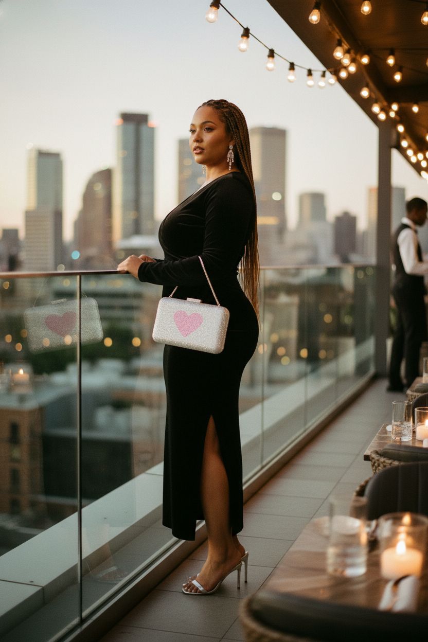 Boutique De FGG Mini Love Rhinestone Clutch in a chic rooftop lounge, pink heart design