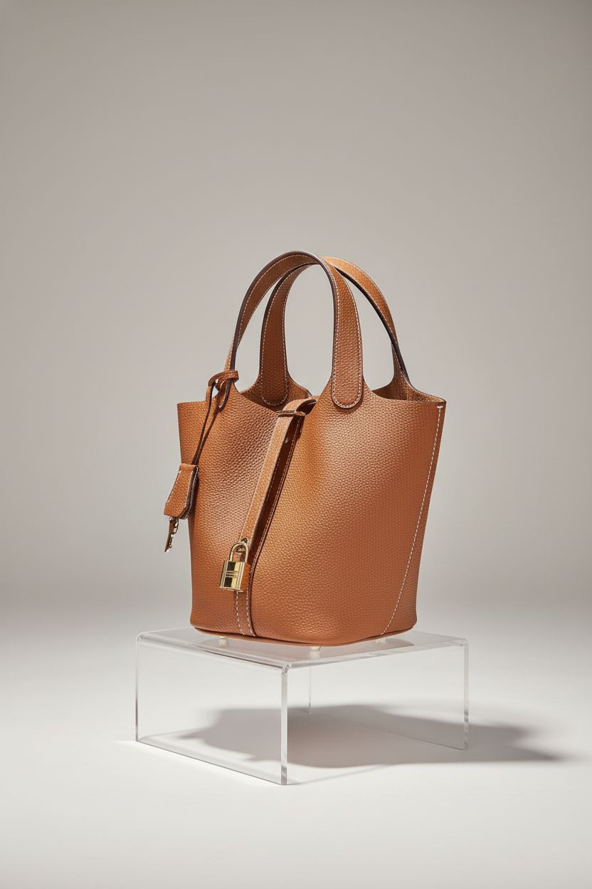 Product-focused shot of brown designer bucket bag by hedexe showcasing premium quality.