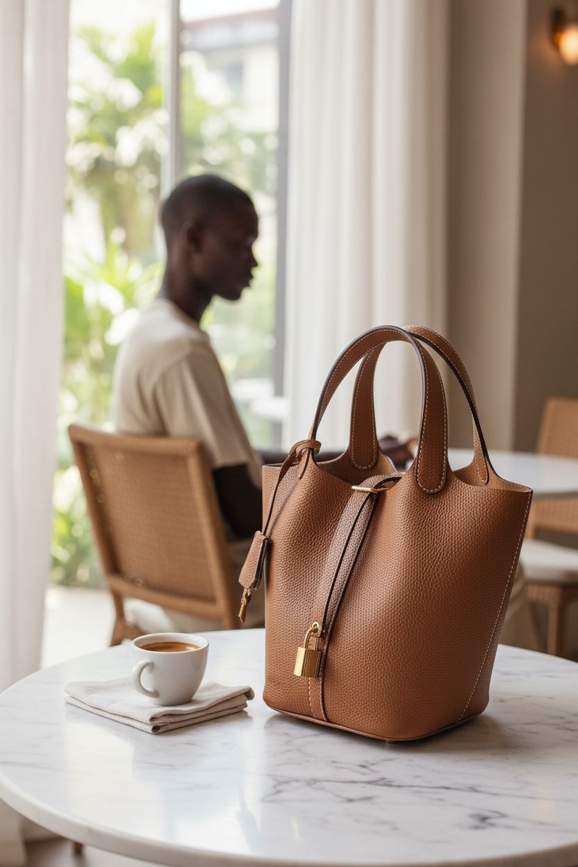 Hedexe brown leather bucket bag resting on marble console in sunlit apartment, exuding elegance.