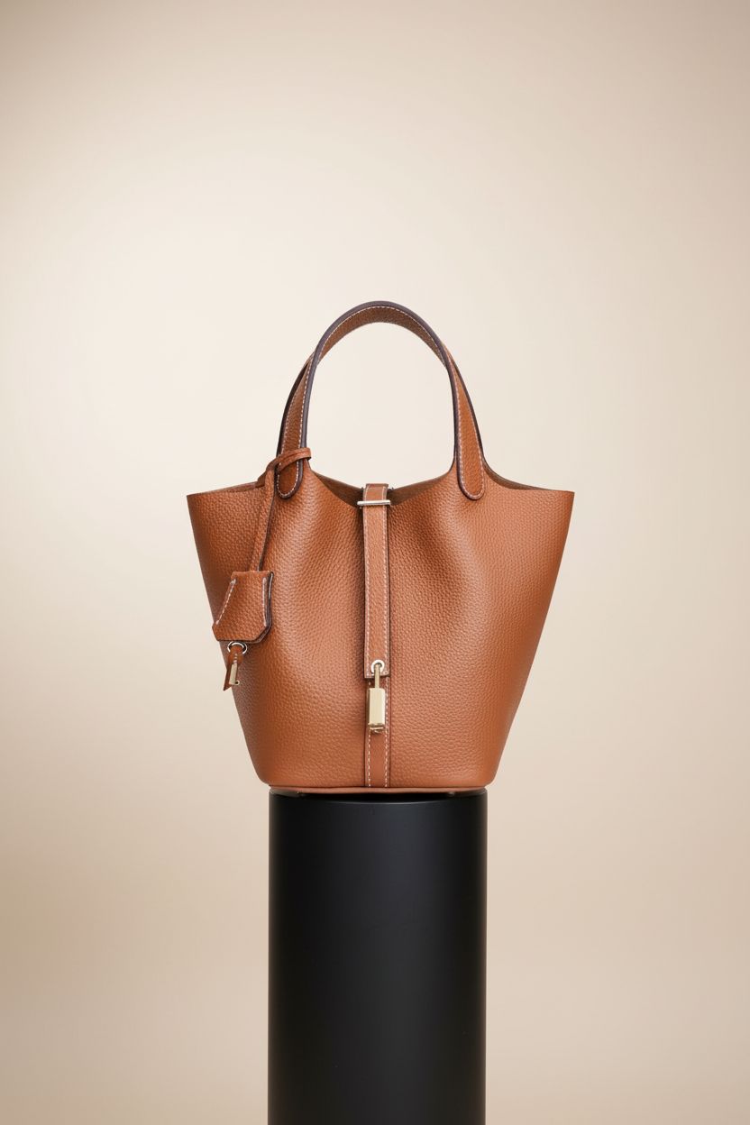 Hedexe brown leather bucket bag on minimalist riser, showcasing premium craftsmanship and design.