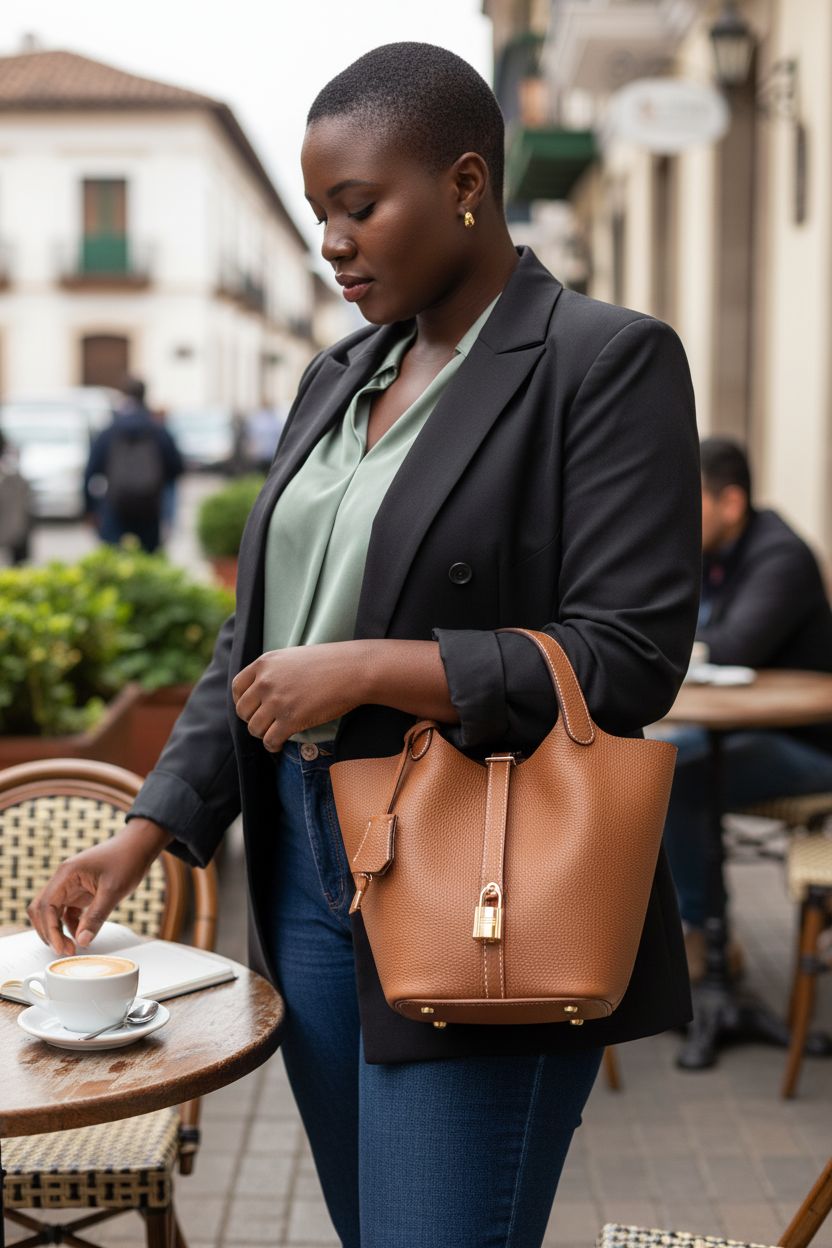 Hedexe brown leather bucket bag elegantly displayed at upscale café, ideal for chic outings.