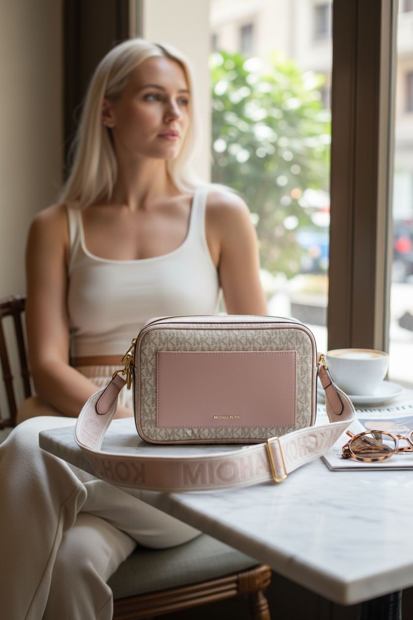 Michael Kors Maeve Large Pocket Crossbody Bag in soft pink, featured at a relaxed café with warm light.