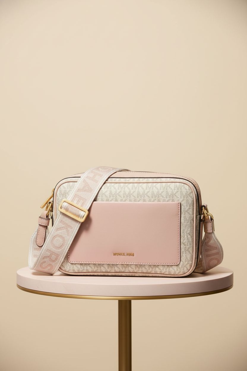 Close-up of Michael Kors Maeve Large Pocket Crossbody Bag, showcasing its luxurious materials and gold-tone details.