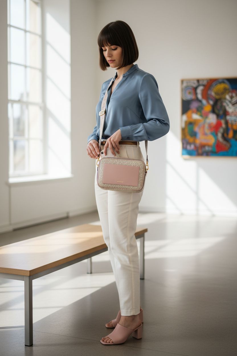 Michael Kors Maeve Large Pocket Crossbody Bag showcased in an art gallery setting, highlighting its design.