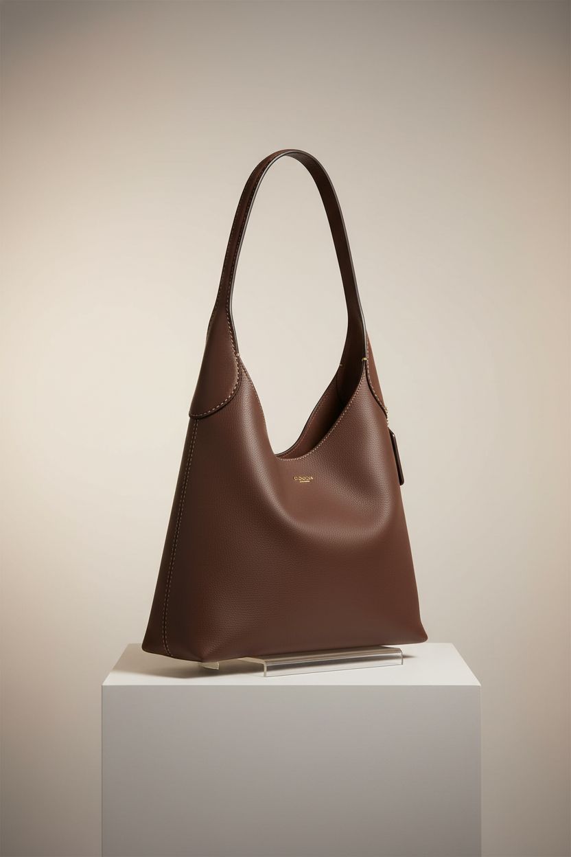Detailed view of Coach Brooklyn Shoulder Bag 28 in Maple leather on a sleek pedestal.