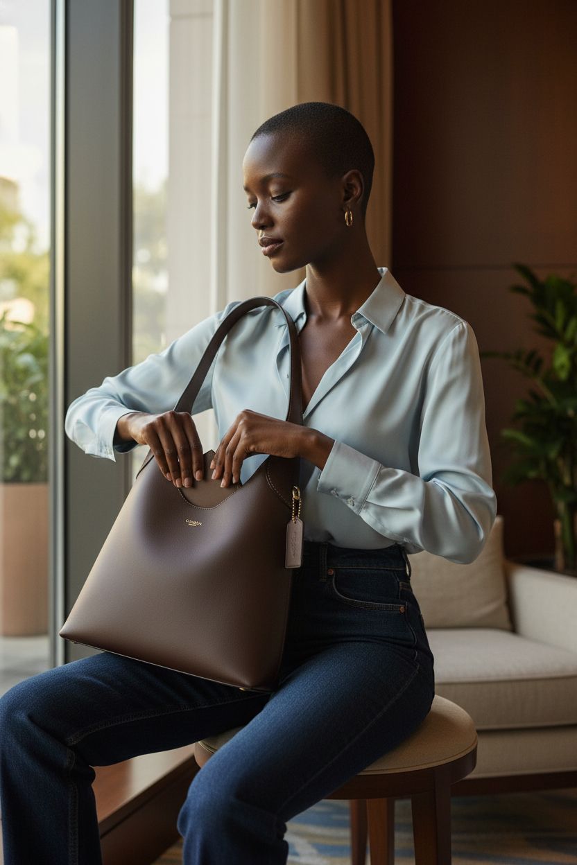 Coach Brooklyn Shoulder Bag 28 in Maple leather, elegantly displayed in a luxury hotel lounge.