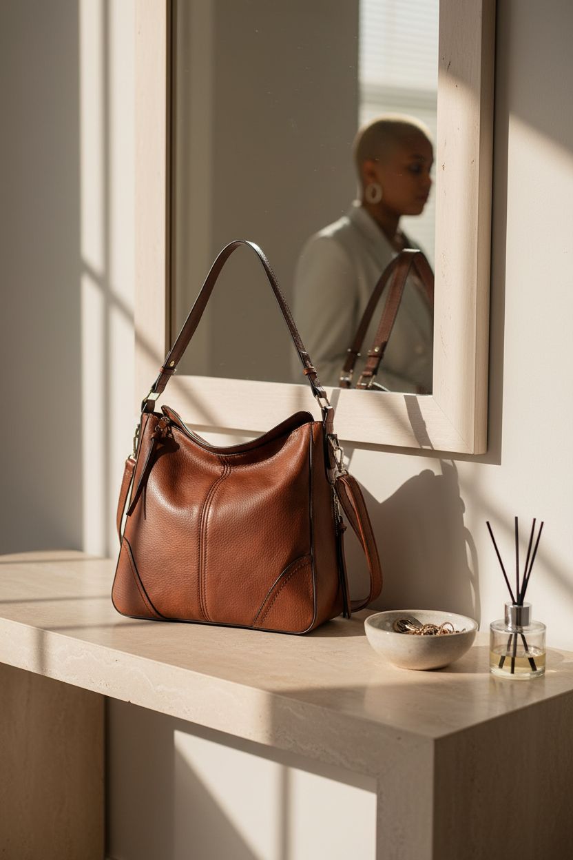 TANTOMI cognac hobo bag elegantly placed on a console in an entryway