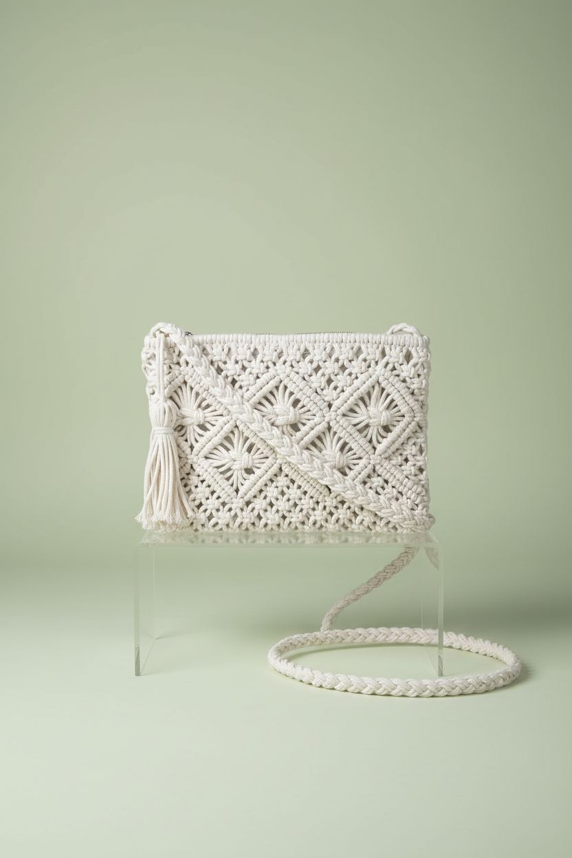 Eiyye off white macrame bag on a minimalist display, showcasing craftsmanship and stylish tassel.