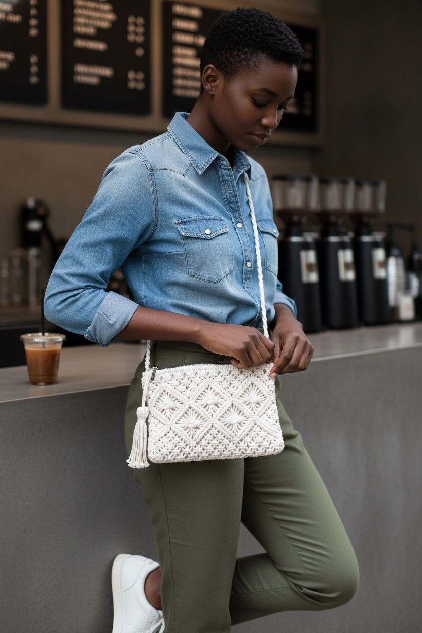 Eiyye off white macrame crossbody bag styled in a café setting, perfect for daily use.