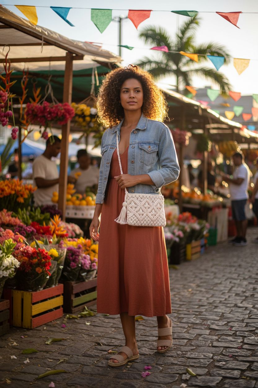 Eiyye off white macrame shoulder bag showcased at a vibrant farmers' market, ideal for casual outings.
