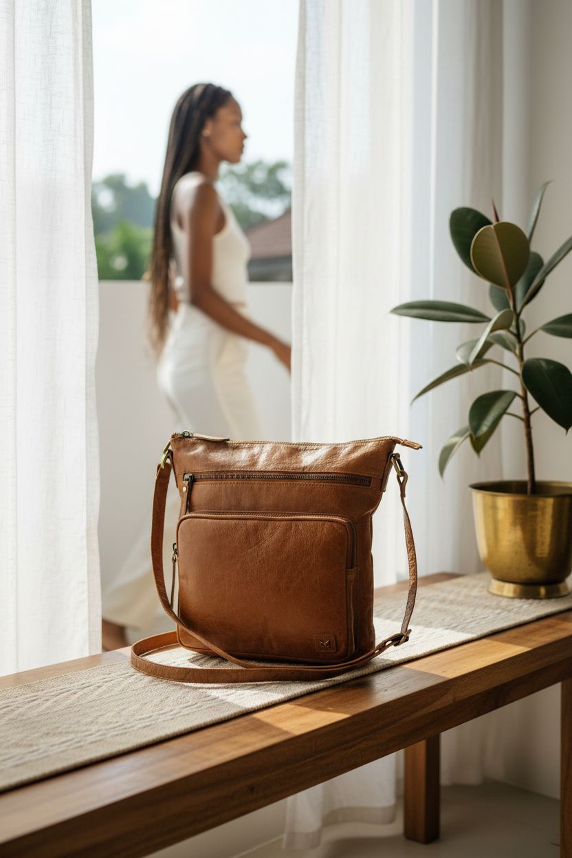 Handmade cognac leather bag from Wise Owl Accessories, elegantly displayed in a cozy, sunlit nook.