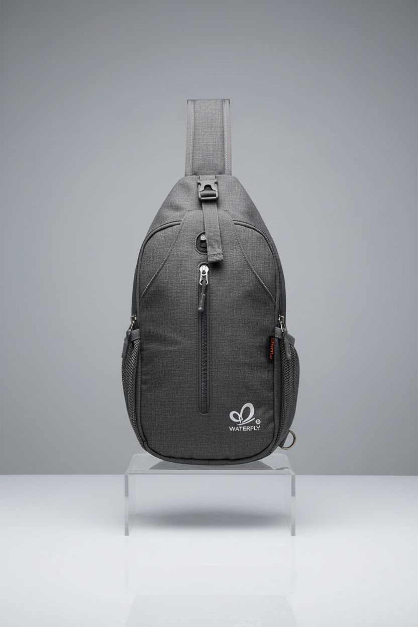 WATERFLY black sling bag showcased on a minimal studio background, highlighting craftsmanship