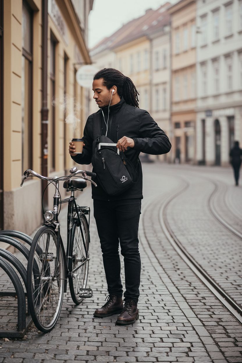 WATERFLY black sling bag worn crossbody while unlocking a bike on a cobblestone street