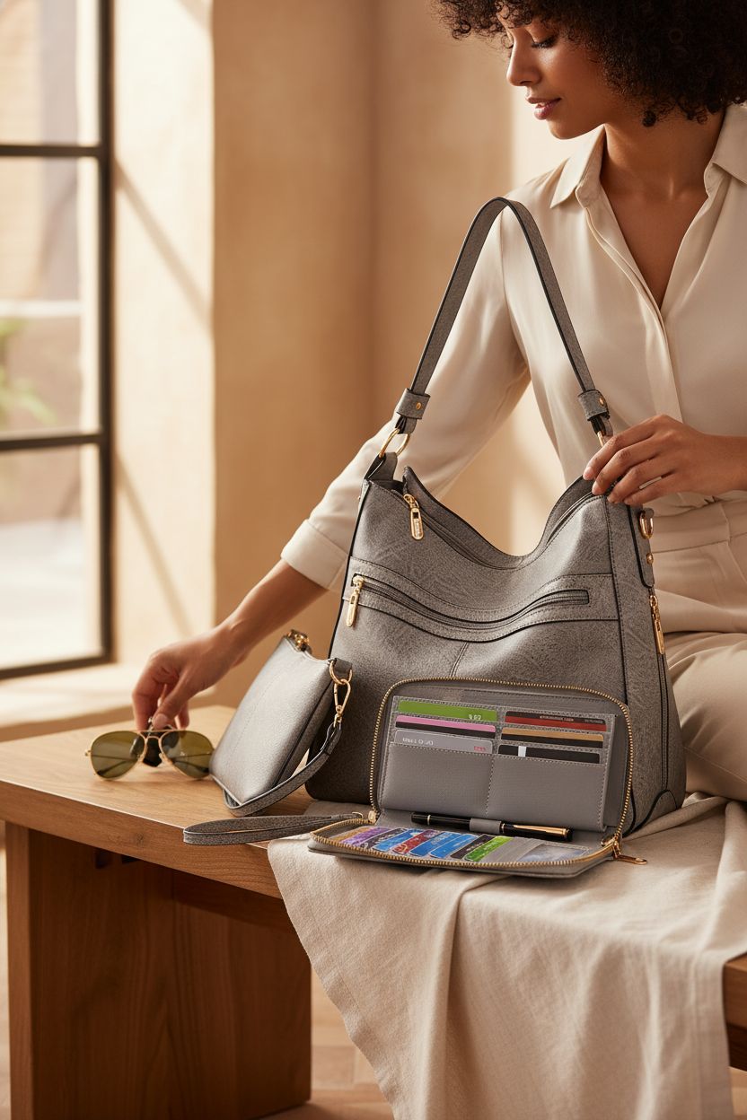 YZAOLL matching purse and wallet set displayed in a warm entryway, highlighting vegan leather texture