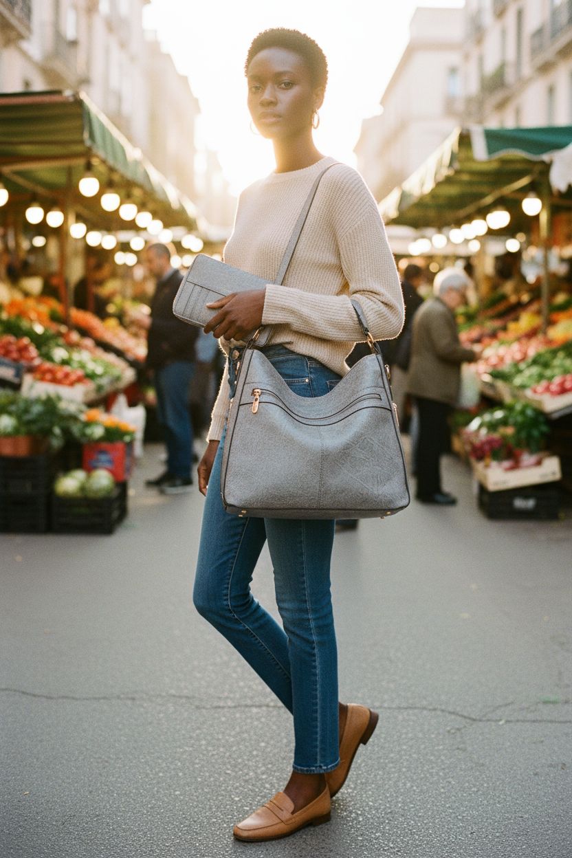 YZAOLL large hobo tote and matching wallet set in a stylish weekend market scene