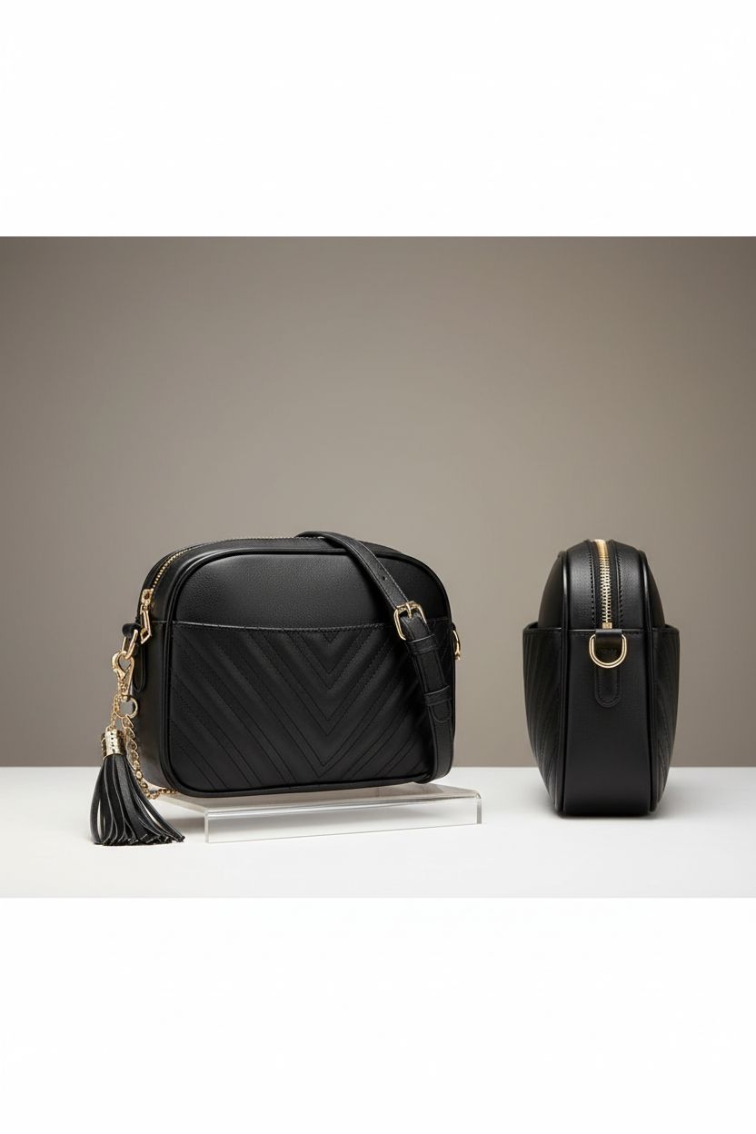 Studio shot of Lola Mae matte black crossbody bag showcasing its elegant design and details.