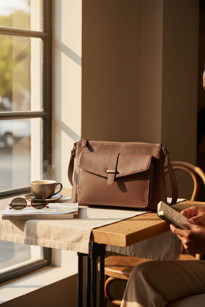 Cozy café setting with Befen leather crossbody bag, perfect for travel enthusiasts.