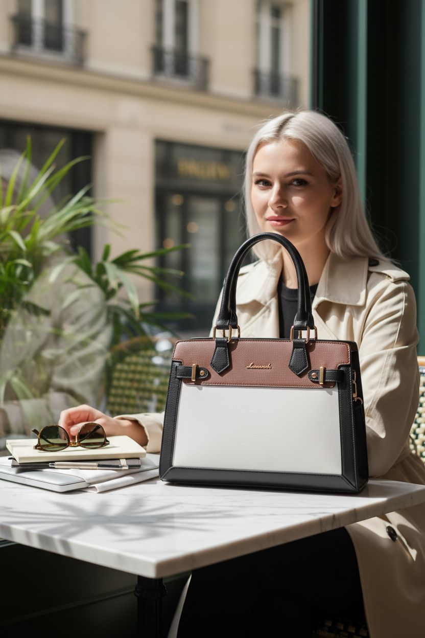 LOVEVOOK medium size purse on a marble table with a laptop and planner, showcasing PU leather texture and gold hardware.
