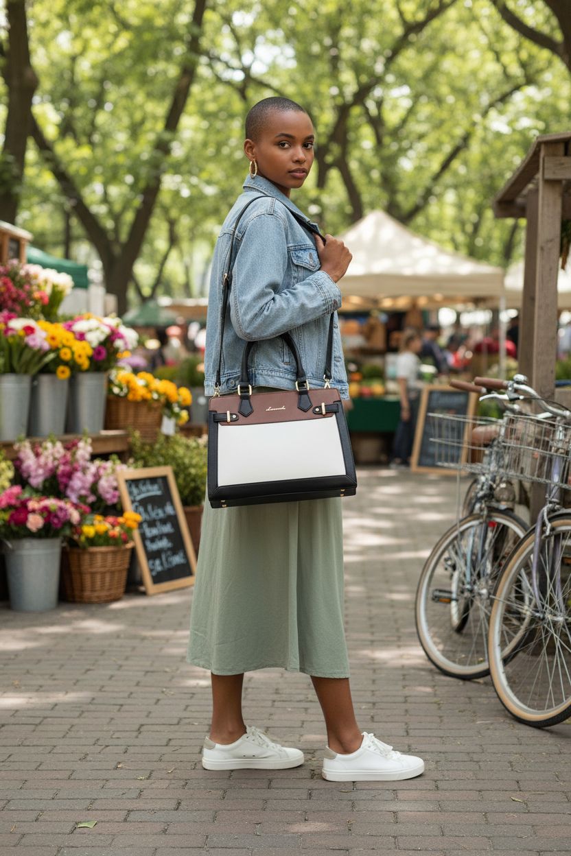 LOVEVOOK color-block medium size purse worn crossbody at a vibrant farmers' market, complementing a soft sage dress.