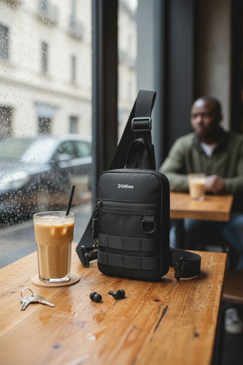 G4Free waterproof sling bag on a café table, showcasing stylish design and functionality for men.